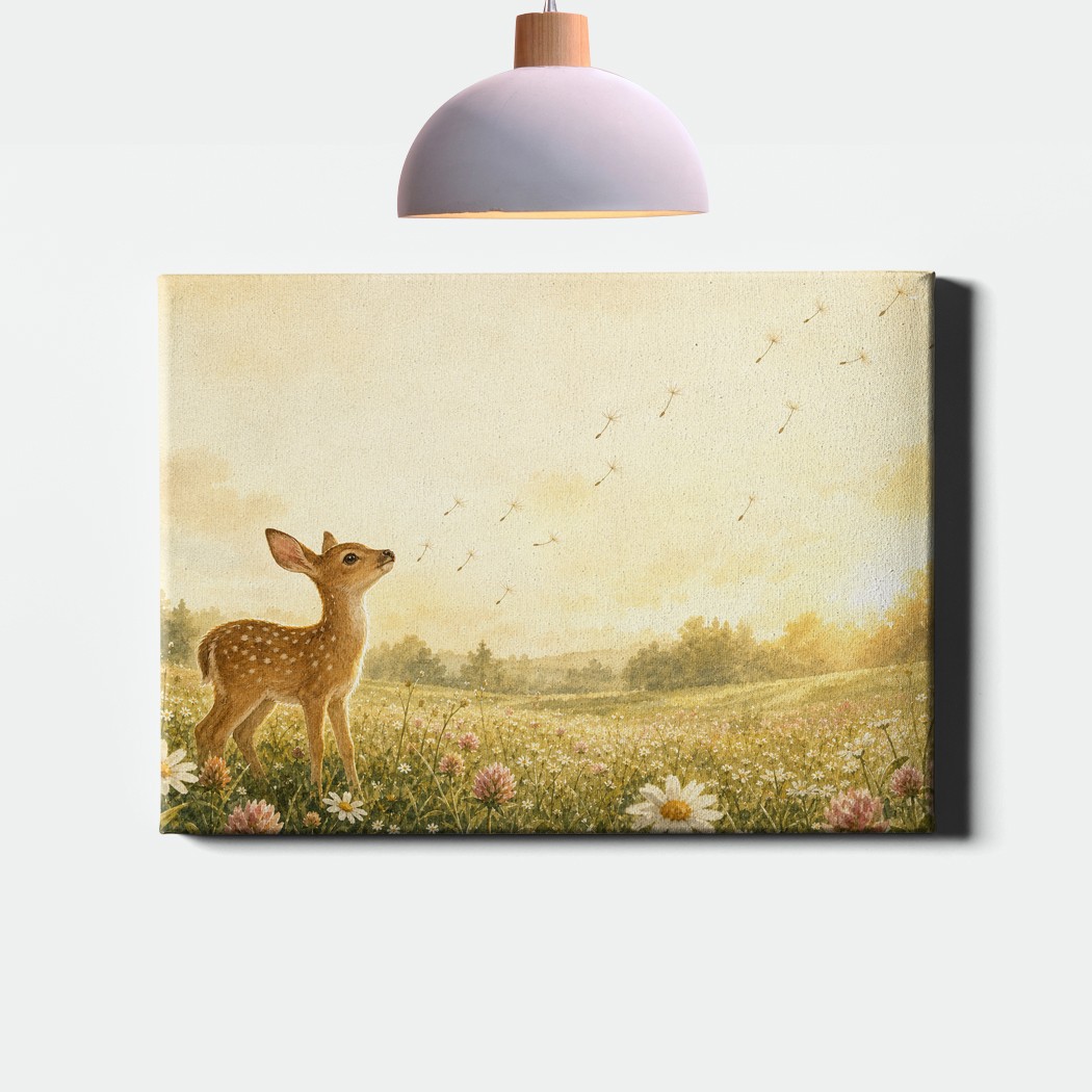 Fawn meadow dandelion seeds Canvas Print dreamy watercolor scene