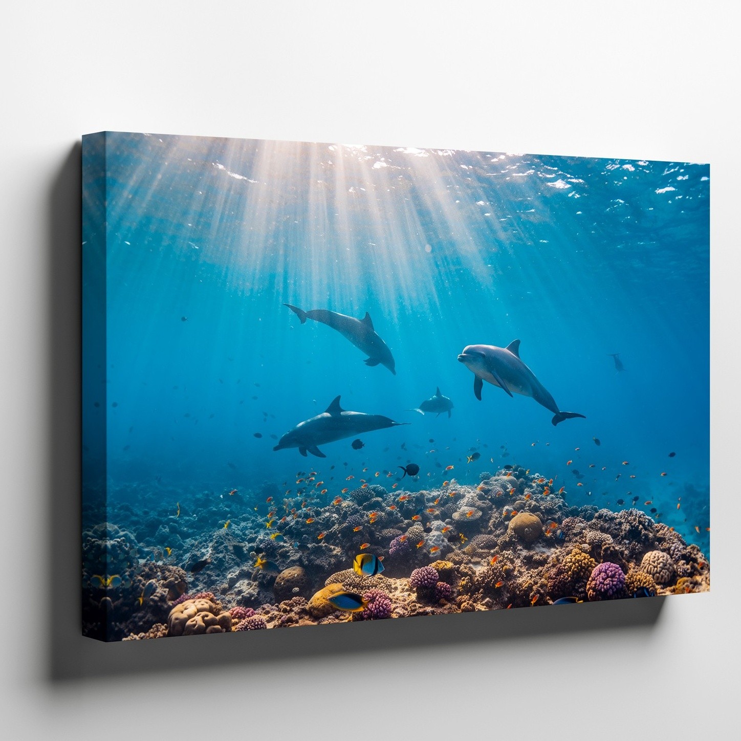 Vibrant Underwater Scene Featuring Playful Dolphins Swimming Gracefully Wall Art