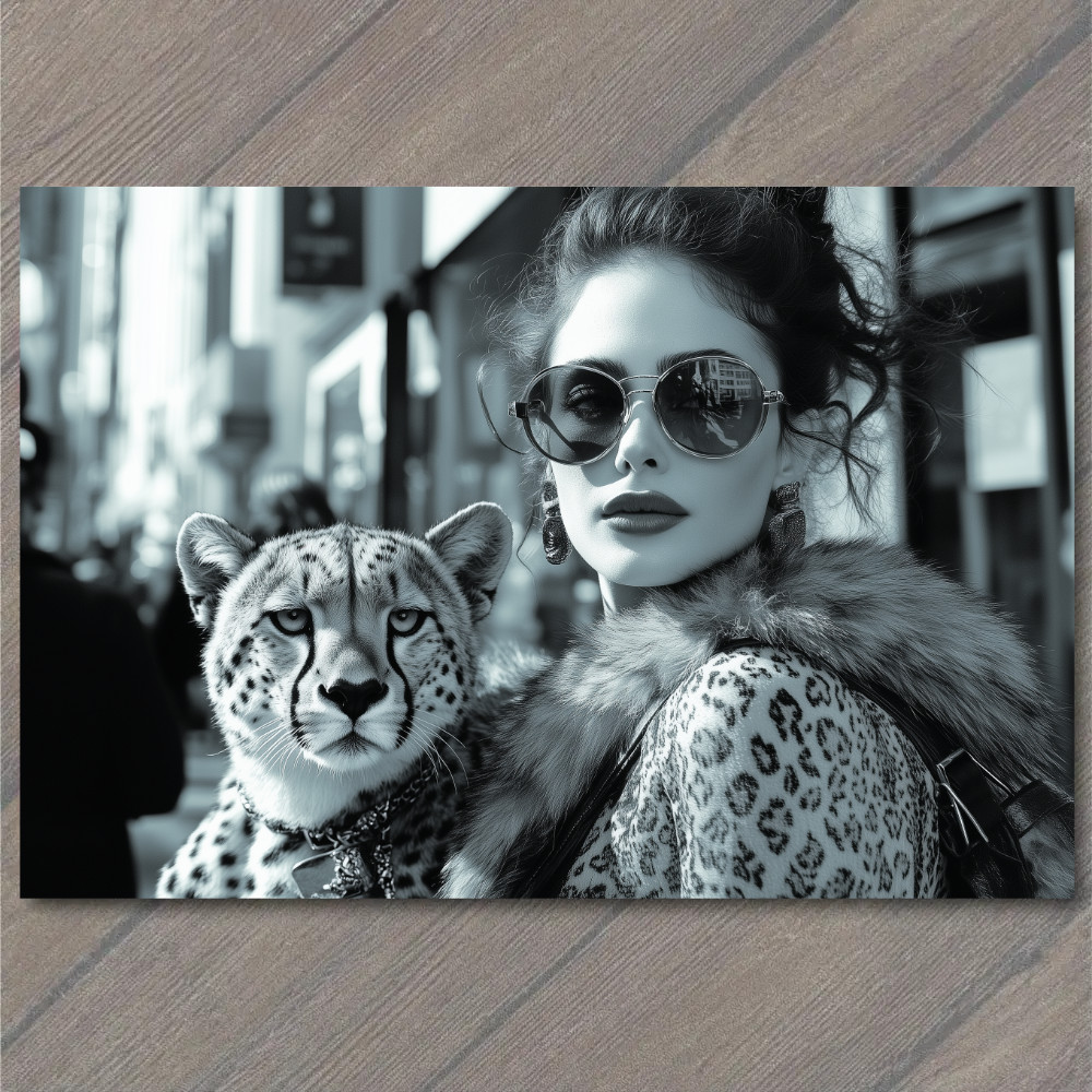 Art Print Fashionable Woman Cheetah Walking Retro City Black White Charm Cat