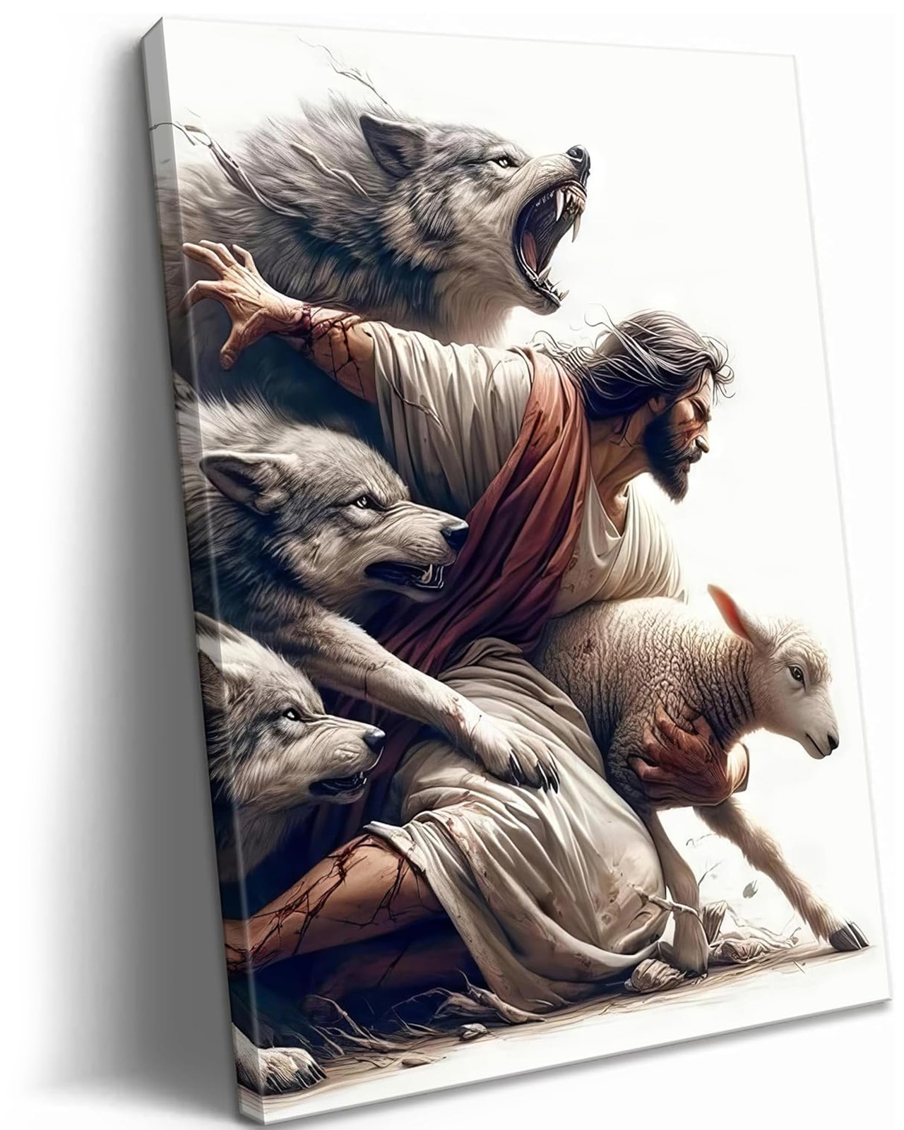 Framed Jesus and Lamb Canvas Wall Art – Jesus Saves the Lost Sheep Christian …
