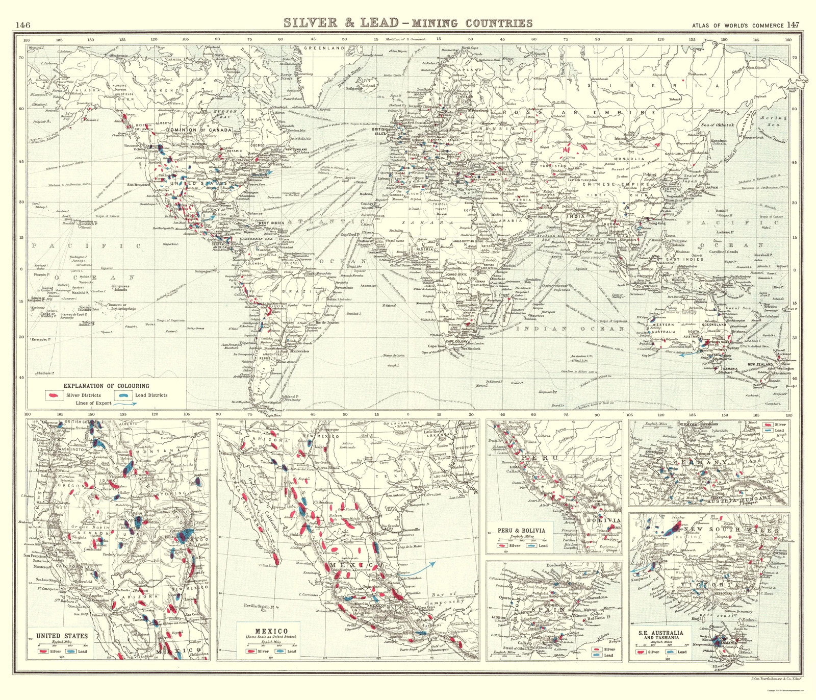 Historic Mine Map – Global Silver Lead Mining Countries – Bartholomew 1907 –