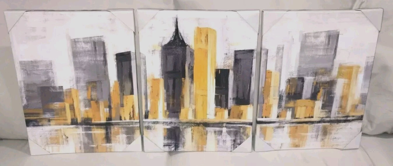 3 Panel Wall Art Canvas. Each Panel 16x12x0.75 Inch. Blacks, Grays, Yellows.