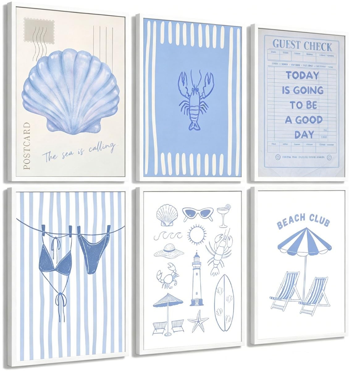 6Pcs Blue Coastal Granddaughter Canvas Wall Art, Bikini Beach Shells Painting…
