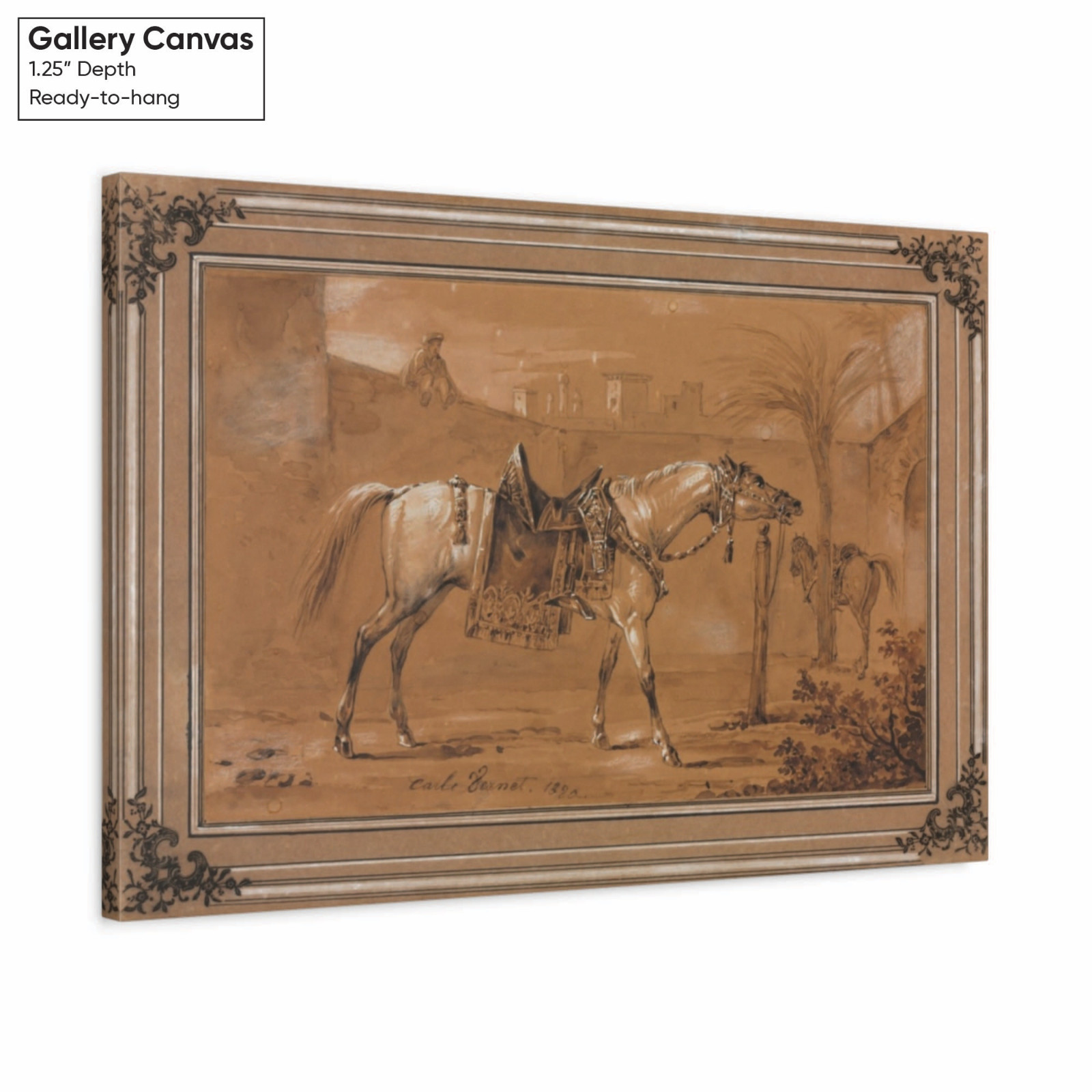 Saddled Arabian Horse in Courtyard Wall Art Print on Canvas & Poster