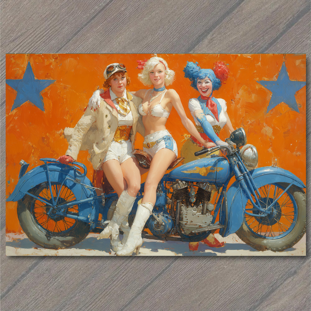 Art Print Three Women Blue Motorcycle Orange Star Background Funny Retro Clown