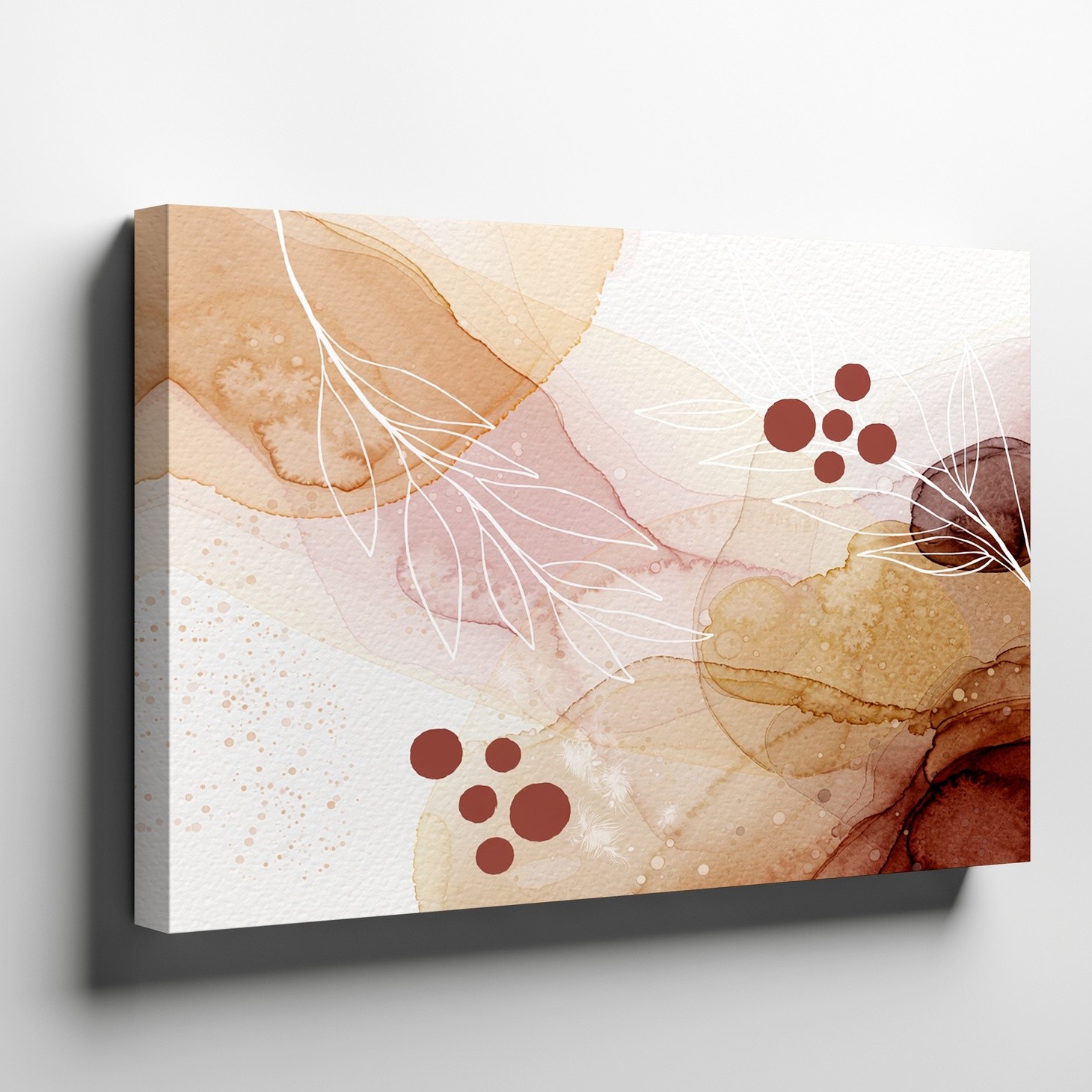 Abstract Earthy Tones Canvas Wall Art with Watercolor Shapes and Leaf Design