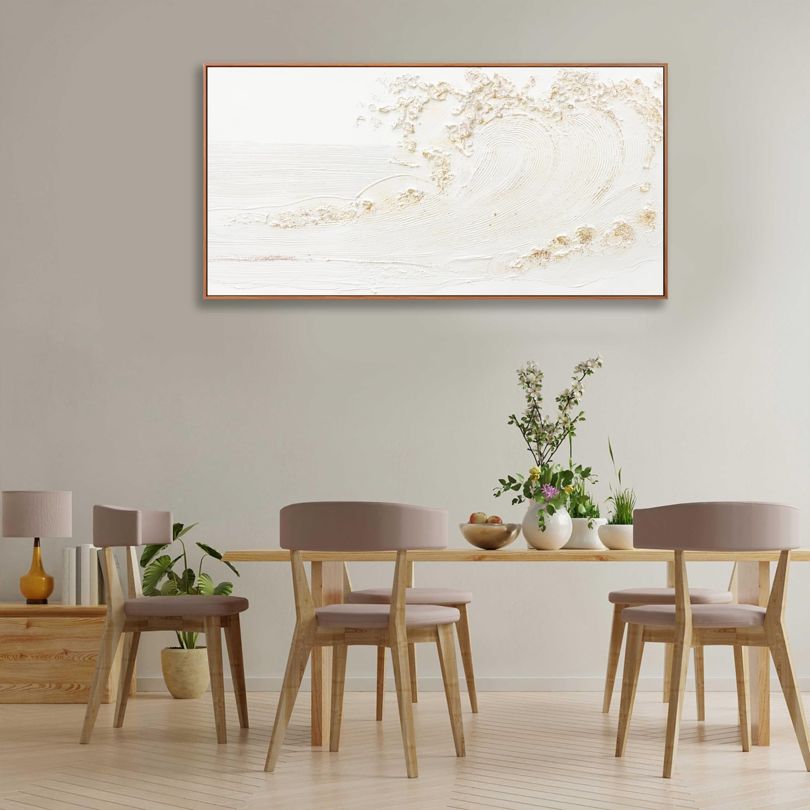Wall Art Small Size Framed Home Artwork Decor Hand Painted White wave with go…