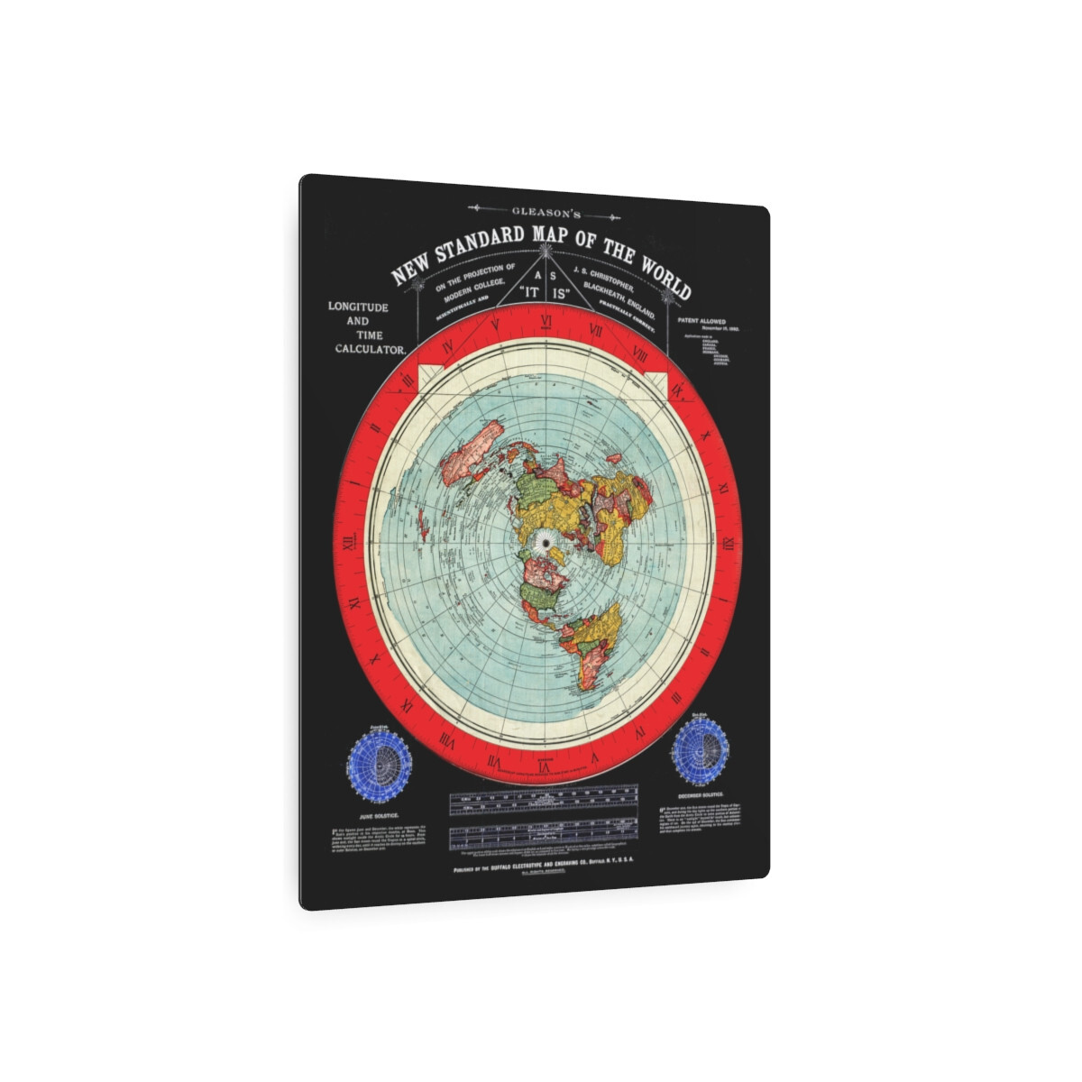 Gleason’s 1892 New Standard Map of the World Flat Earth Black Metal Art Sign