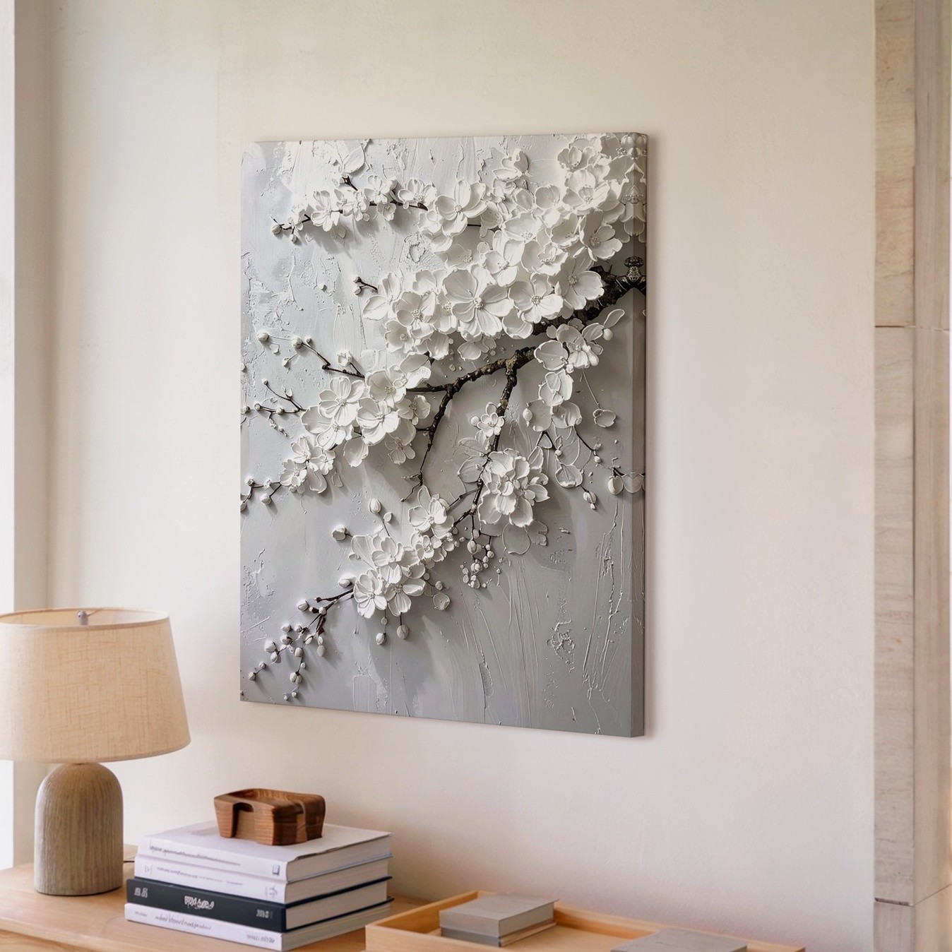Canvas Wall Art a Delicate White on White Textured Artwork Features a Blossoming