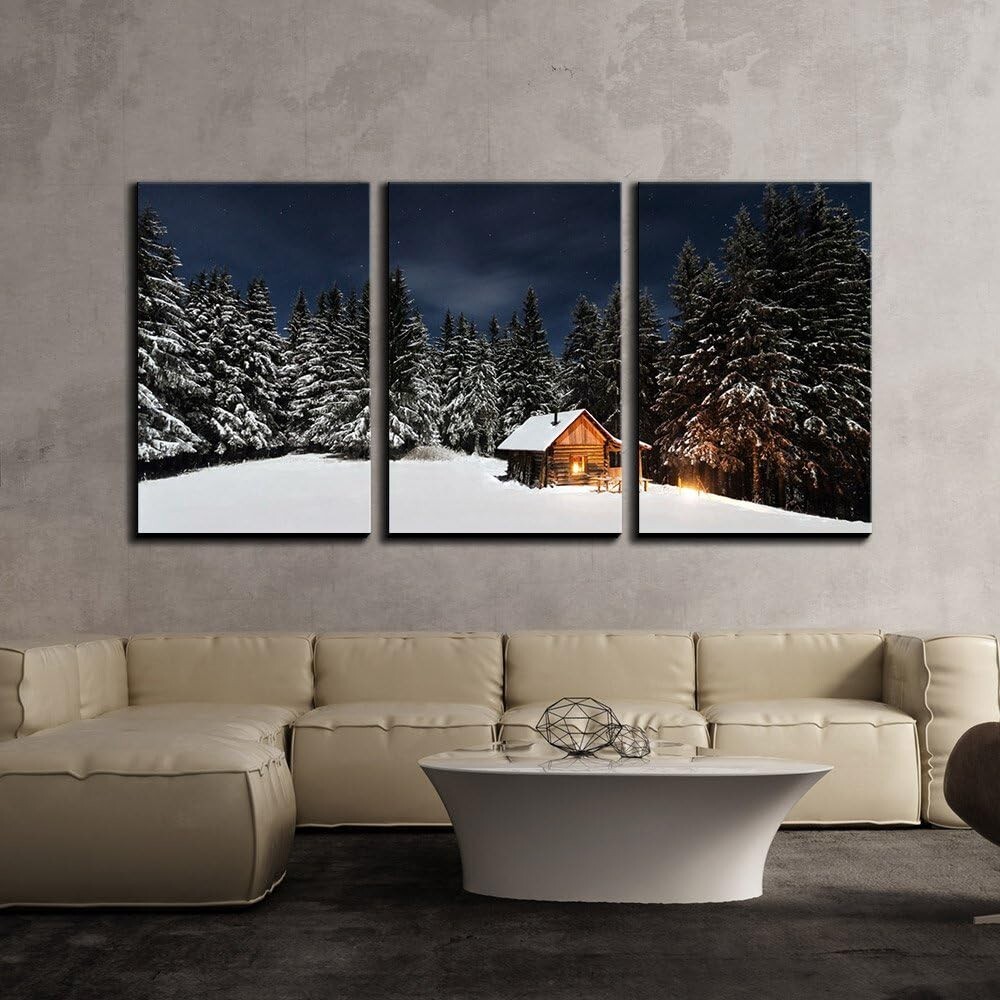 Wall26 Canvas Wall Art Set of 3 – Pine Tree Forest and Wood Hut in Snow Prints