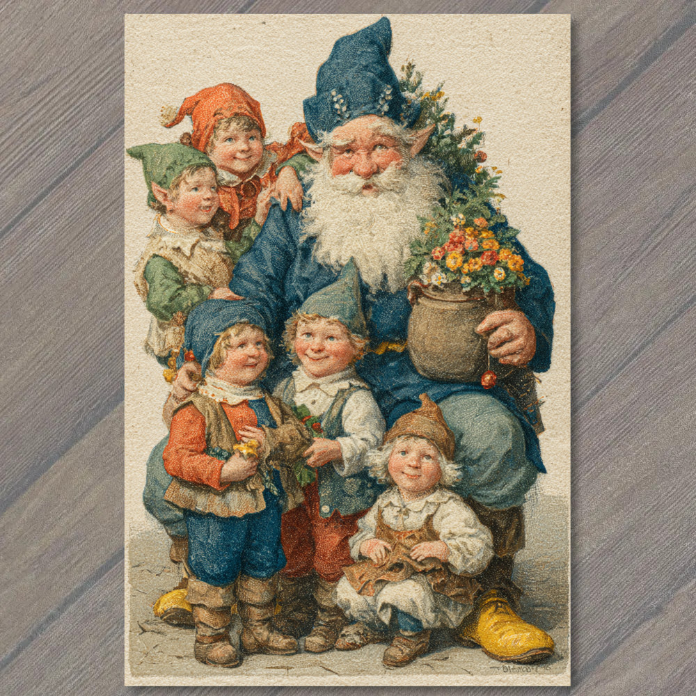 Art Print Whimsical Gnomes with Flowers Forest Dwarfs Fantasy Holiday Artwork