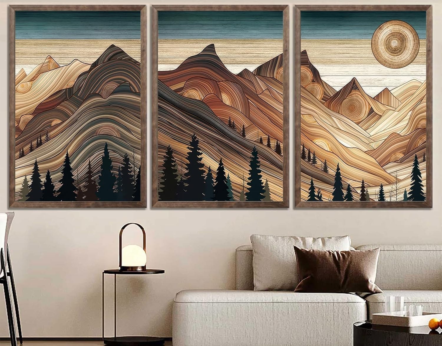 3Pcs Abstract Sun Mountain Wall Art Nature Woodcut Style Landscape Posters Print