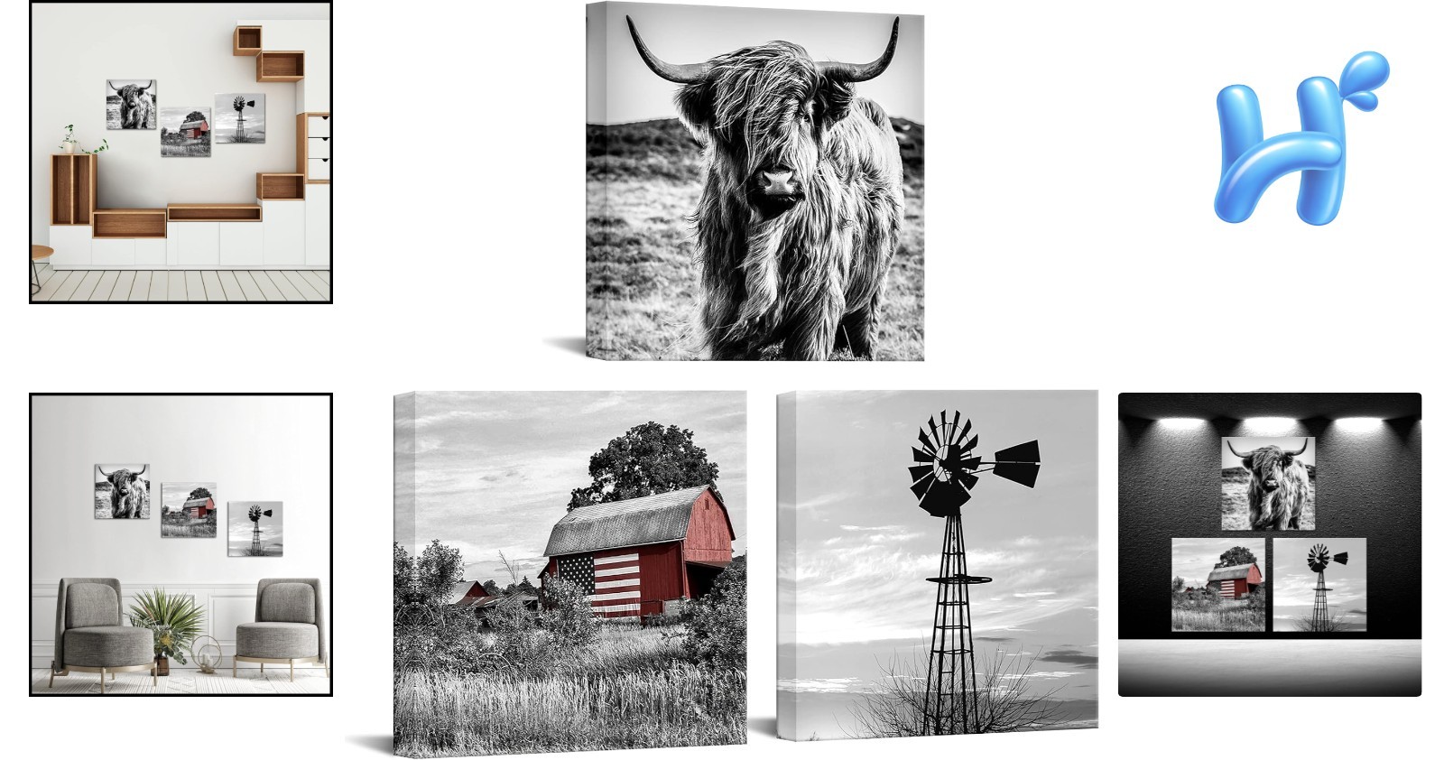 Set of 3 Black & White Farmhouse Canvas Prints – 12×12 Rustic Wall Art
