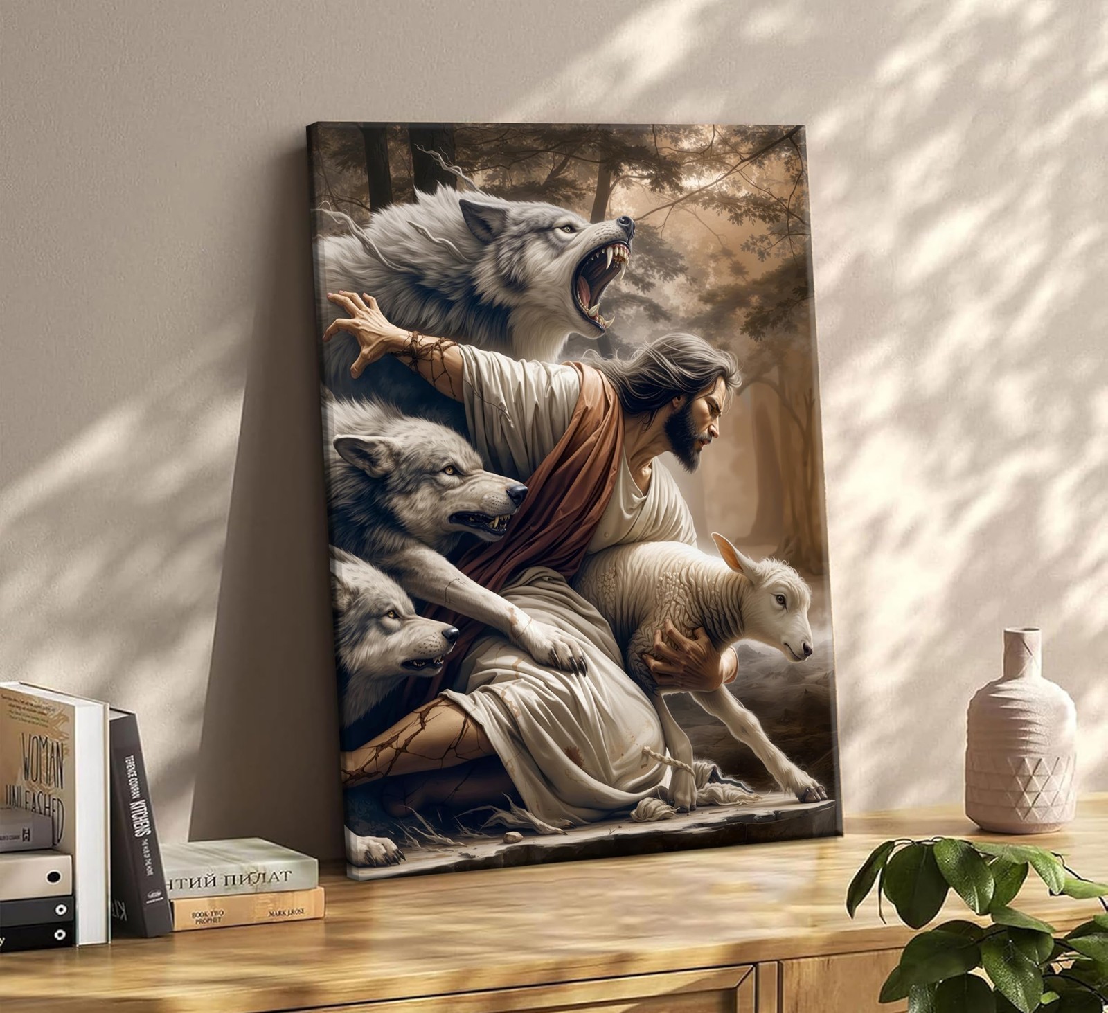 Jesus and Lamb Canvas Wall Art Jesus Saves the Lost Sheep Christian Wall Deco…