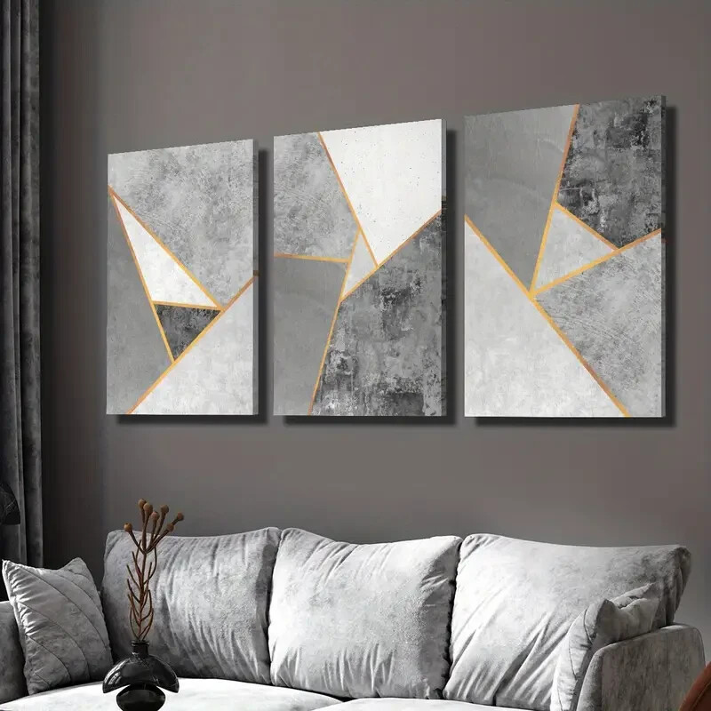 3pcs Grey and Golden Geometric Designs Wall Art Canvas Unframed/Framed