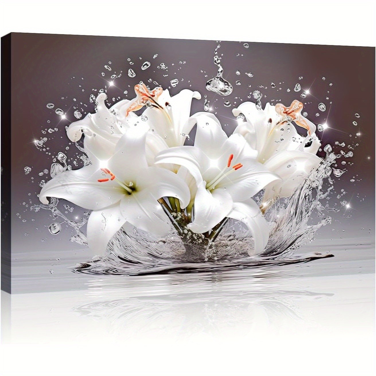 Splashing Water White Lily Floral Canvas, Elegant Modern Bathroom Wall Art