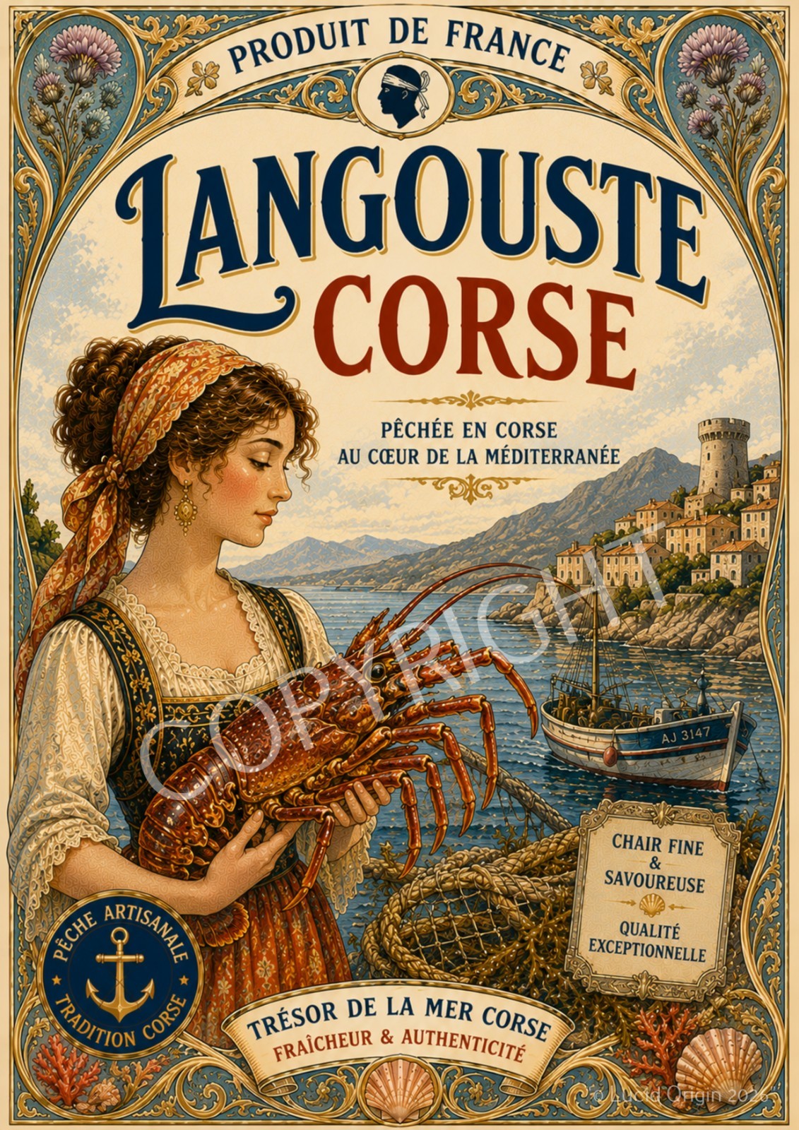 Photo A4 Poster Vintage Lobster Corsica Style Mucha Deco Kitchen Marine