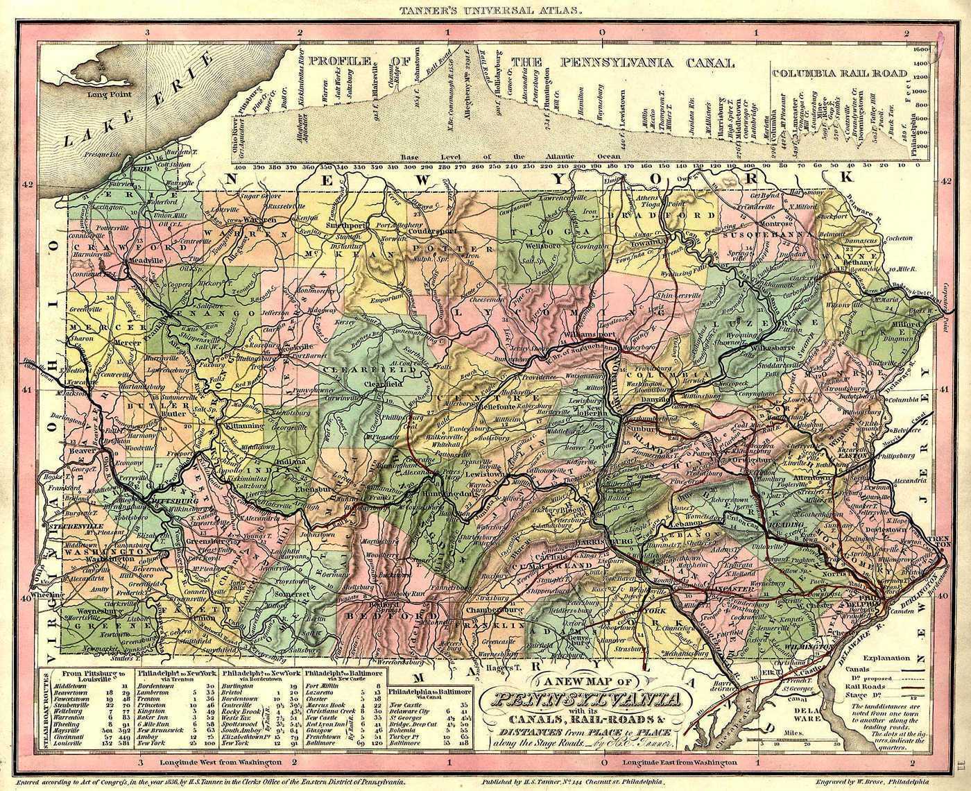 PENNSYLVANIA State County Map 1836 Wall Print Photo Poster Pittsburgh