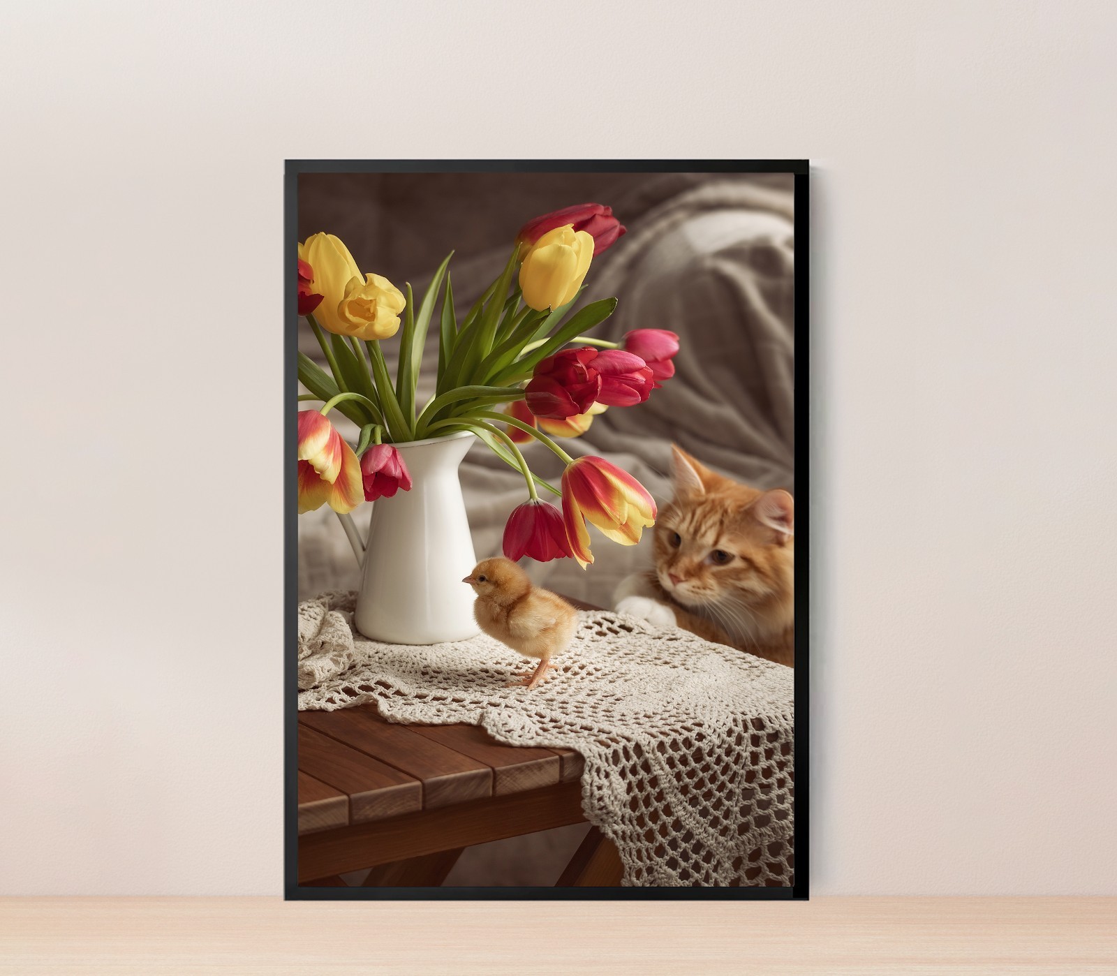 A Photo of a Small Chicken and a Red Cat Poster Premium Quality Choose your Size