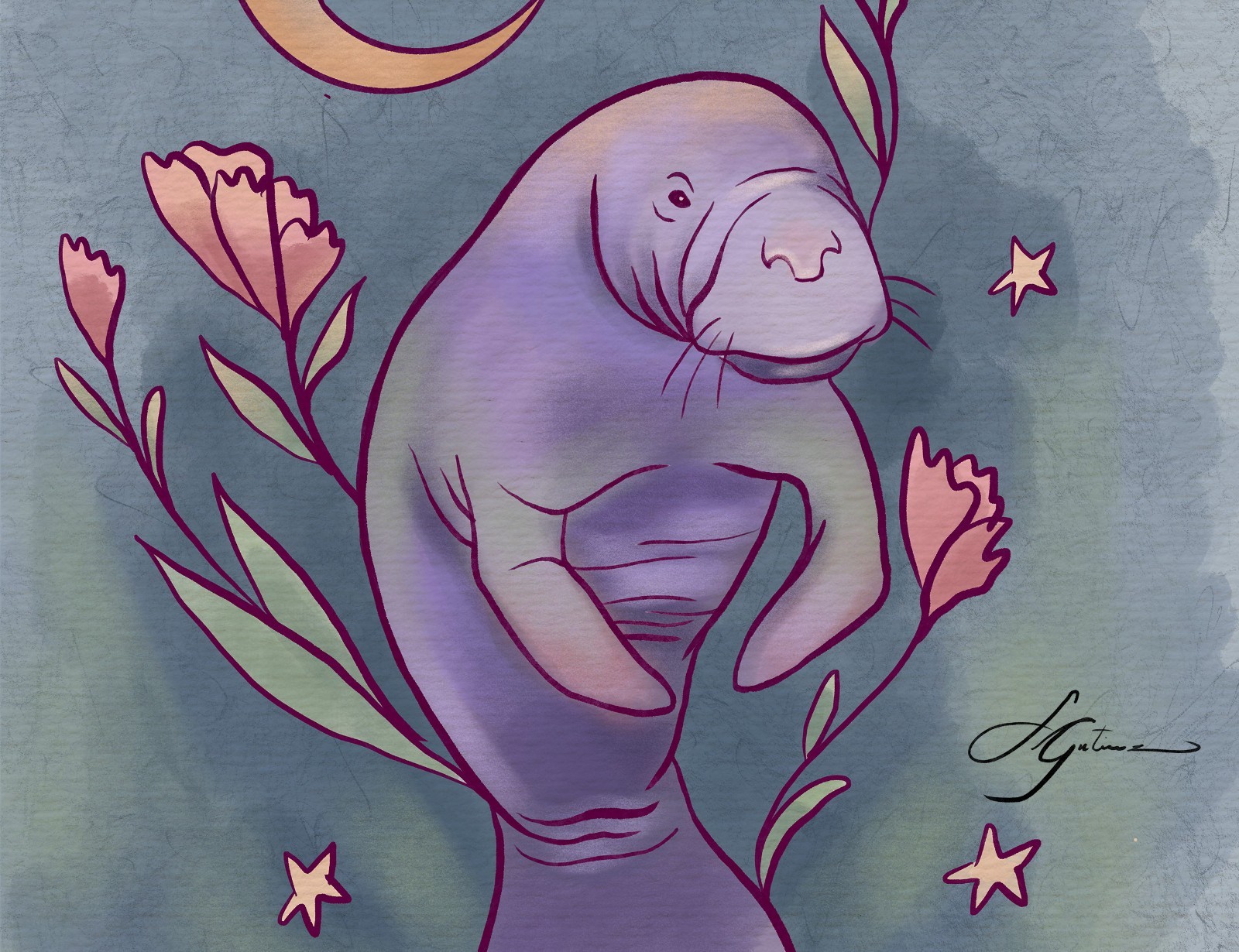 Moon Manatee Wall Art, Celestial Ocean Animal Illustration, Cottagecore Art