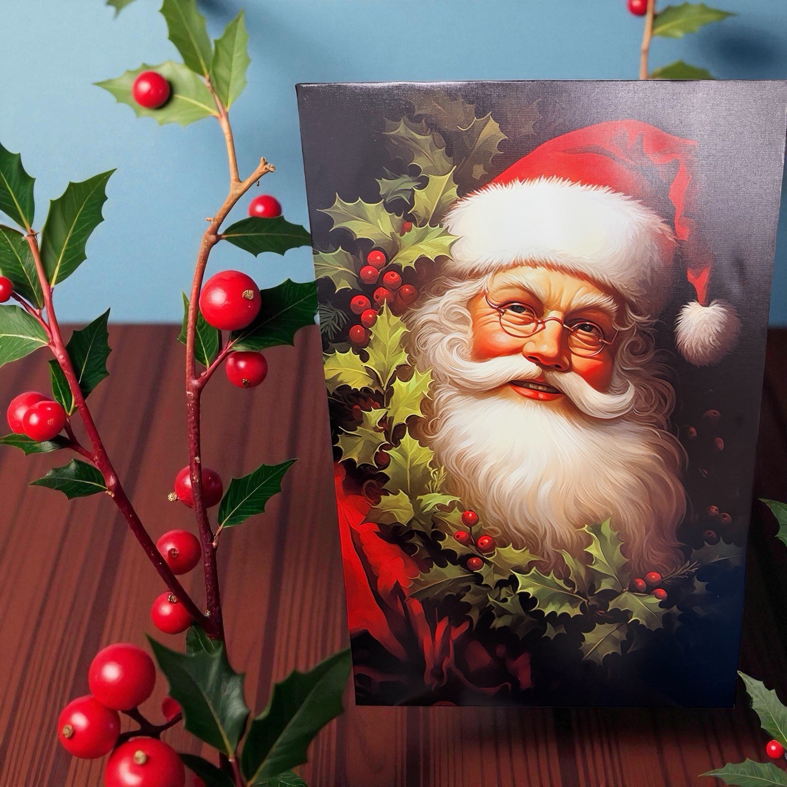 Santa Framed Wraped Canvas Father Christmas And Holly Print 16 X 24 Inch