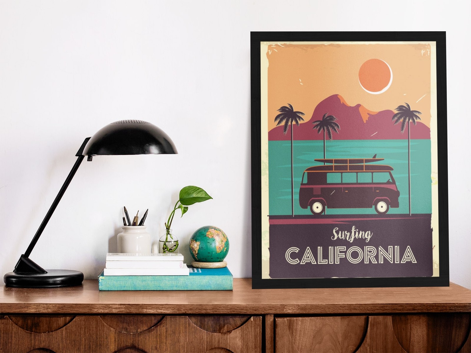 Surfing California Coastline Vintage Van Palm Trees Art Print Poster 12×18