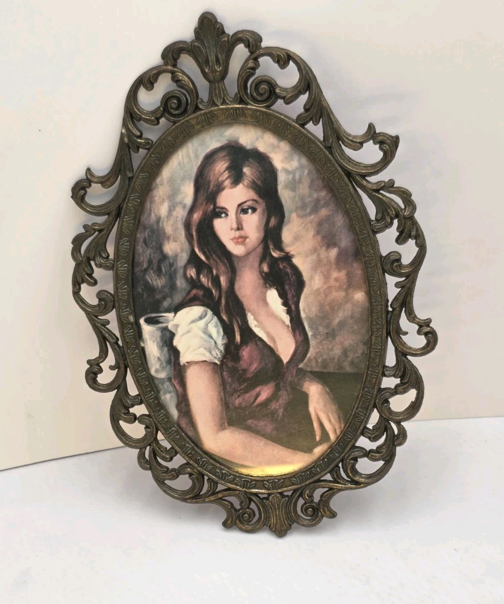 VTG Italian Florentine Brass Frame Portrait Lady Oval Gallery Wall Art 8″