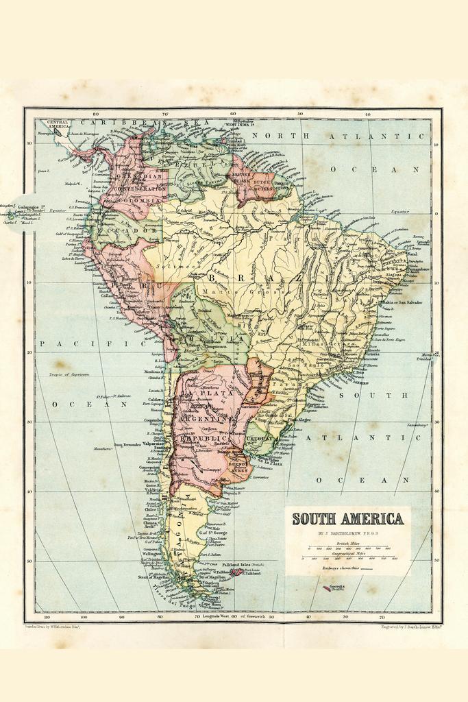 South America 19th Century Antique Style Map Poster 24×36 inch
