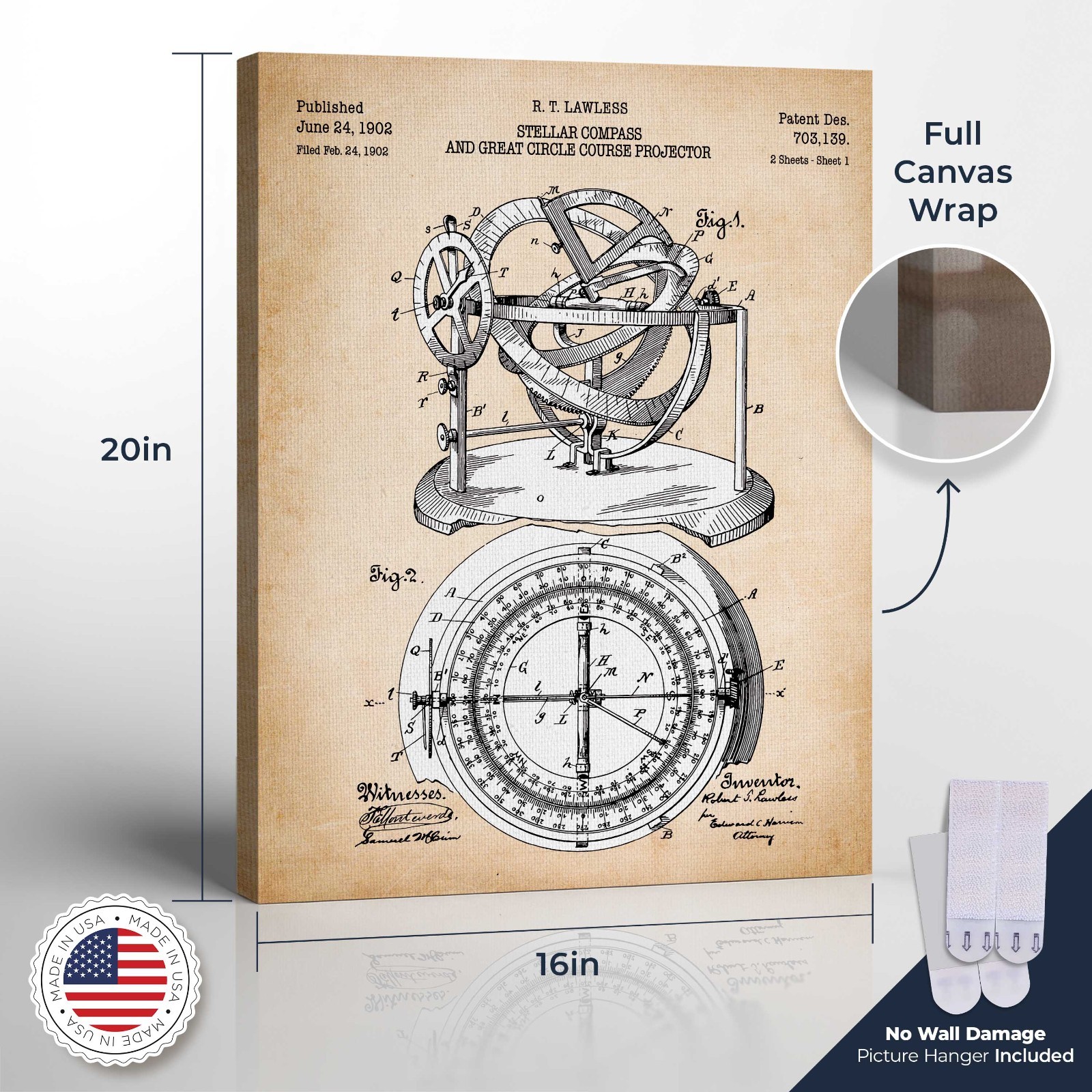 Compass Décor, Nautical Decorations, Stellar Compass Patent Canvas Print