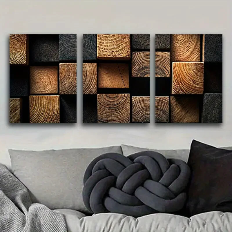 3pcs Featuring Dark Textured Wooden Blocks, Metal Print Ready to Hang Art