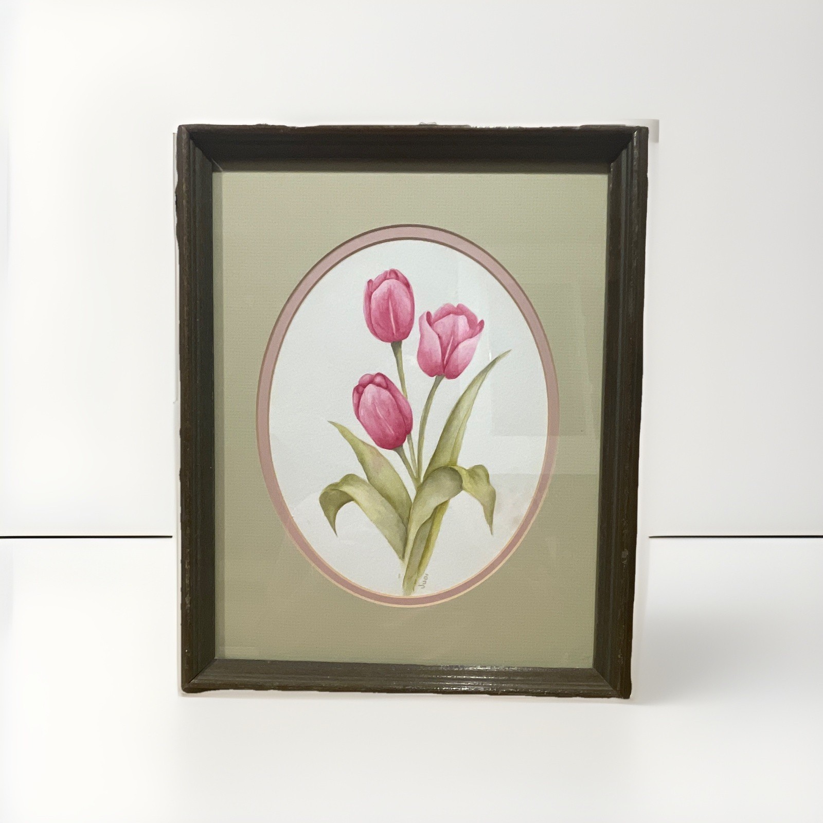 Framed Matted Tulips Floral Print Wall Art Vertical Green Pink