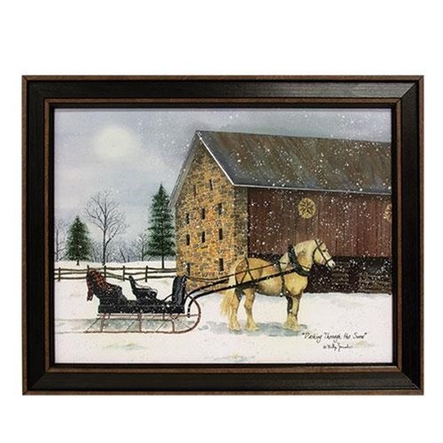 NEW PRIMITIVE PRINT HORSE DRAWN SLEIGH SNOWY FARM FRAMED 14.5Hx18.5″W Christmas