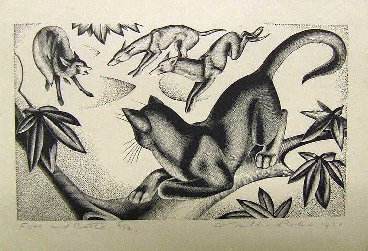 Foxes and Cat by Agnes Miller Parker – 1934 British Wood Engraving Art Print