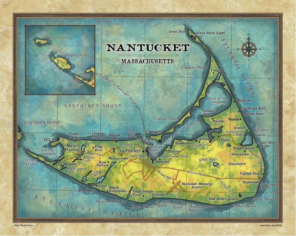 Martha’s Vineyard Massachusetts Map Art Print Poster Vintage Wall Decor Home