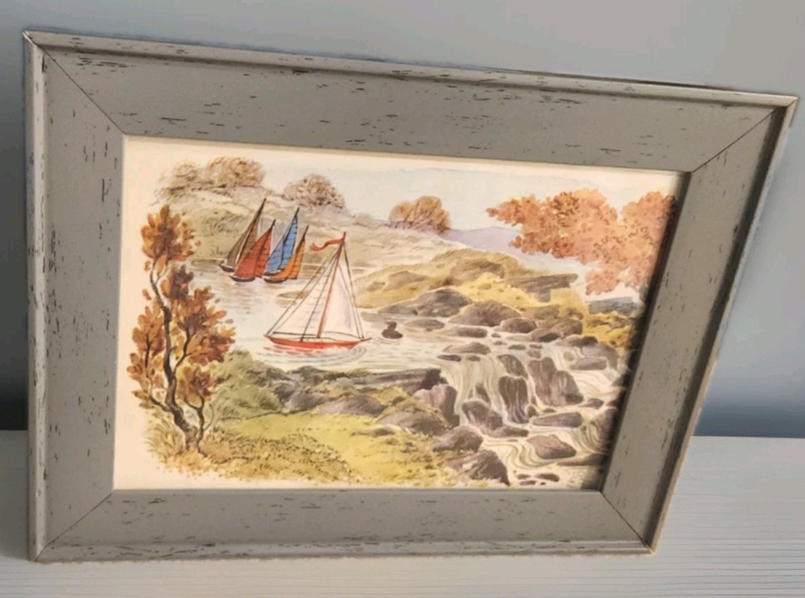 Framed Vintage 70s Nautical Coastal Art Sailboat Water Trees Child’s Book Print