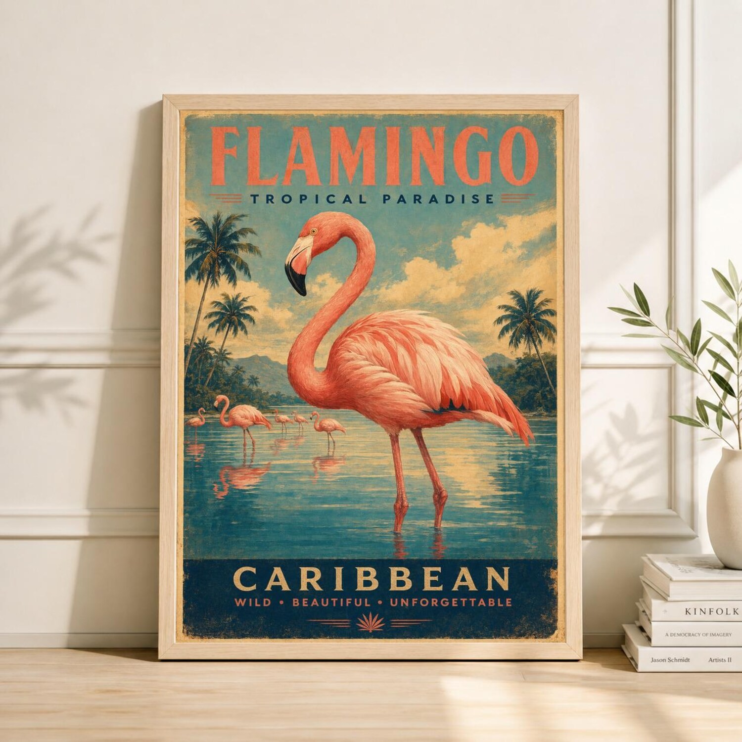 Pink Flamingo Wall Art Print, Tropical Bird Vintage Nature Decor Poster