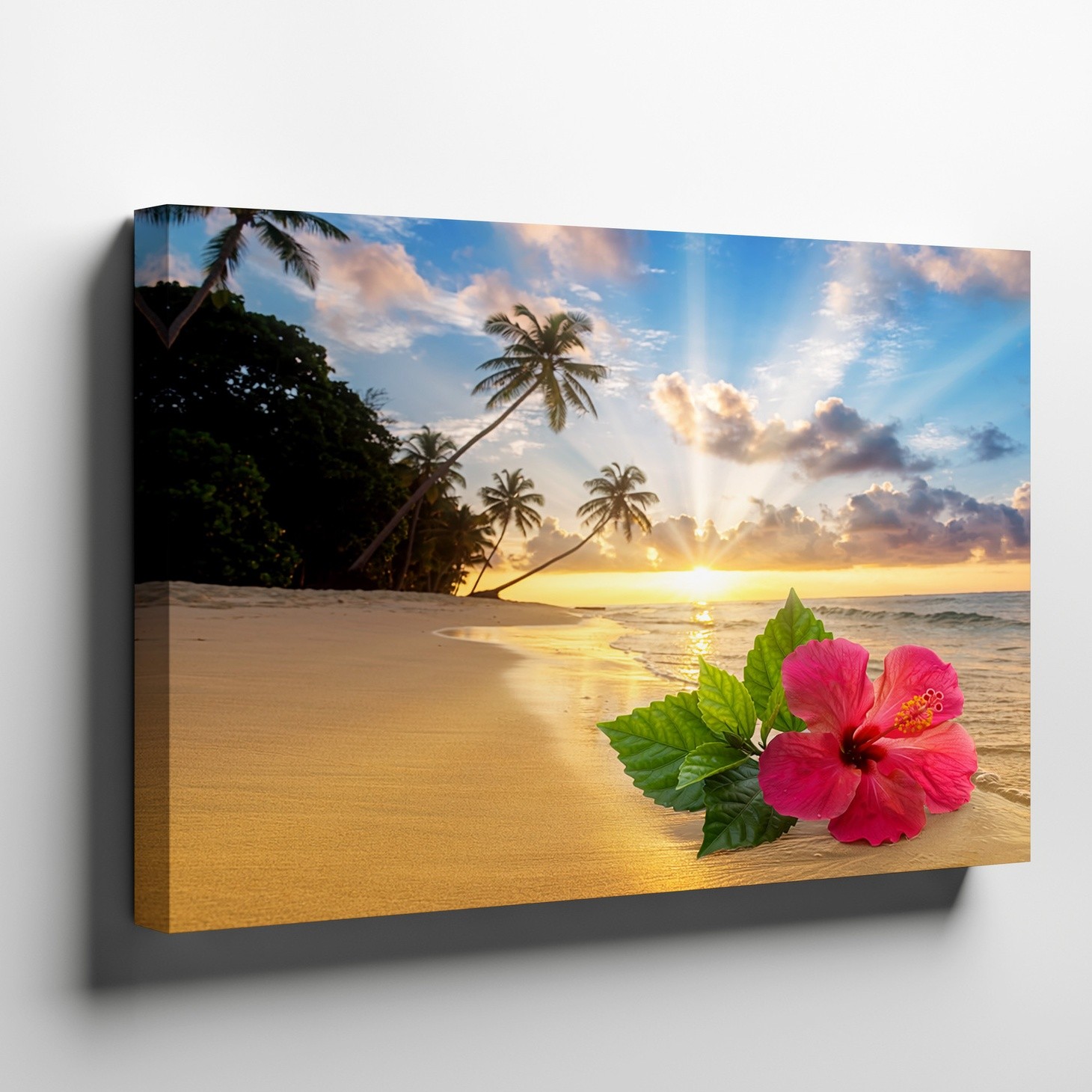 Tropical Beach Sunset Canvas Art with Palm Trees and Pink Hibiscus Flower Decor