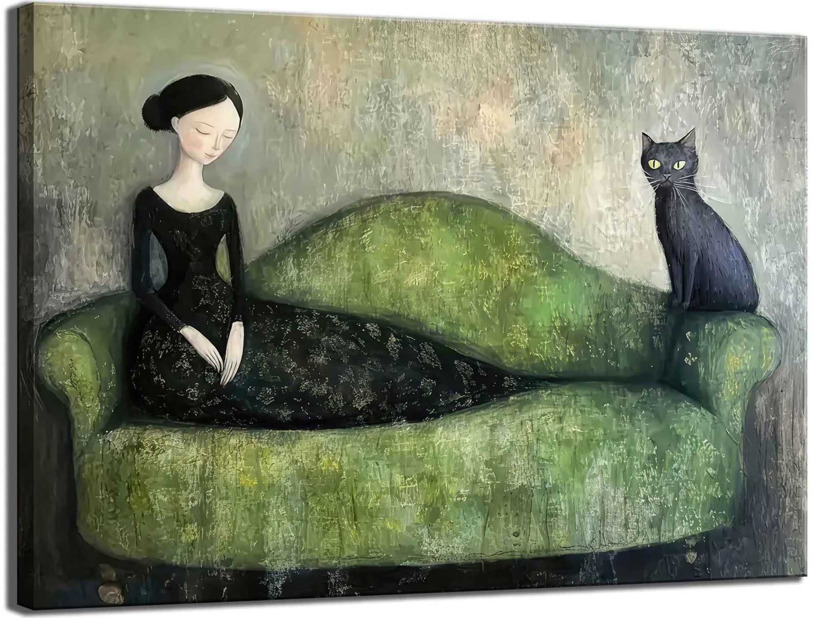 Woman Black Cat Canvas Wall Art Vintage Moody Green Sofa Feminine Decor paint…