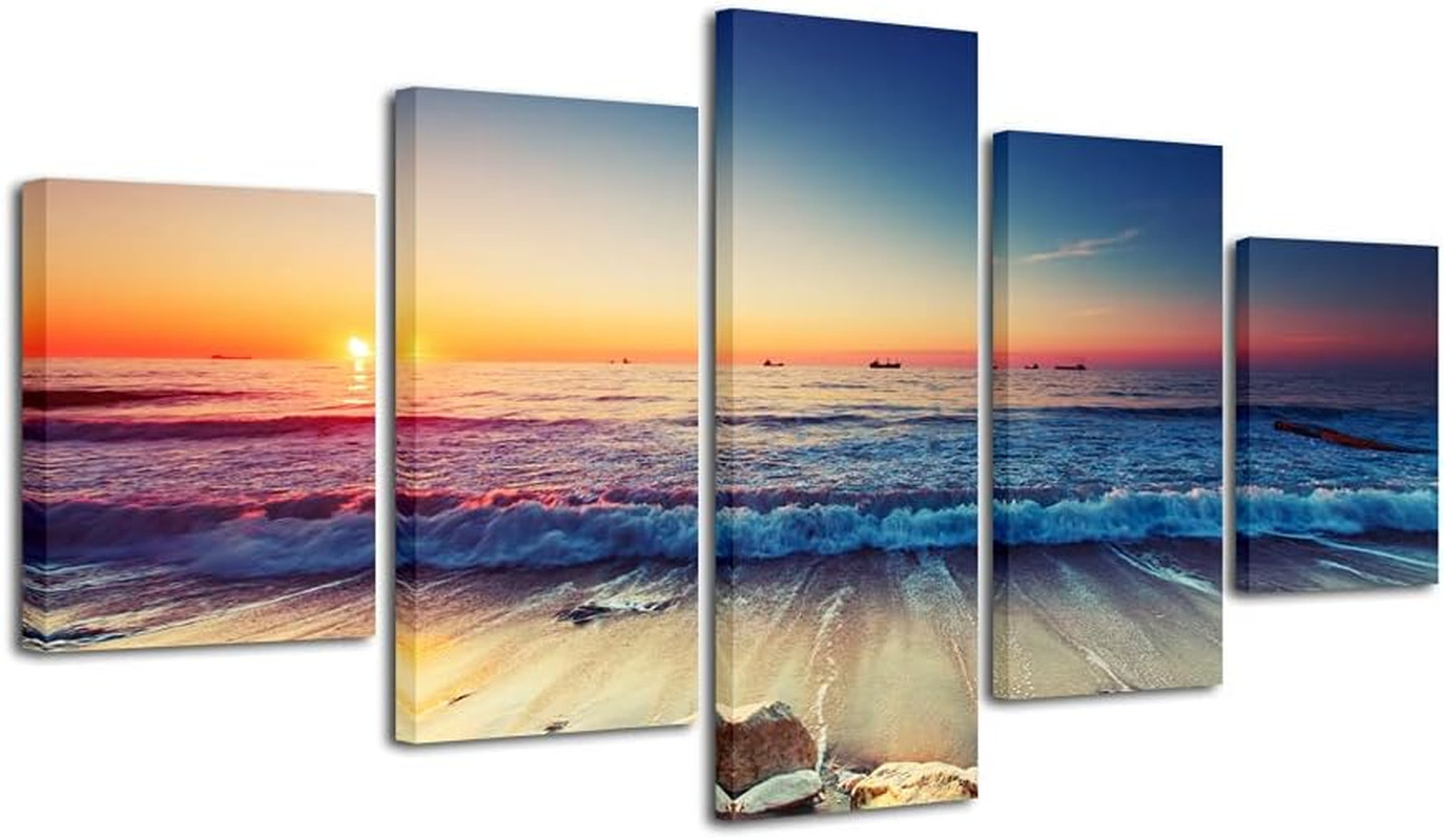 Large 5-Piece Ocean Waves Canvas Art for Living Room & Bedroom Decor