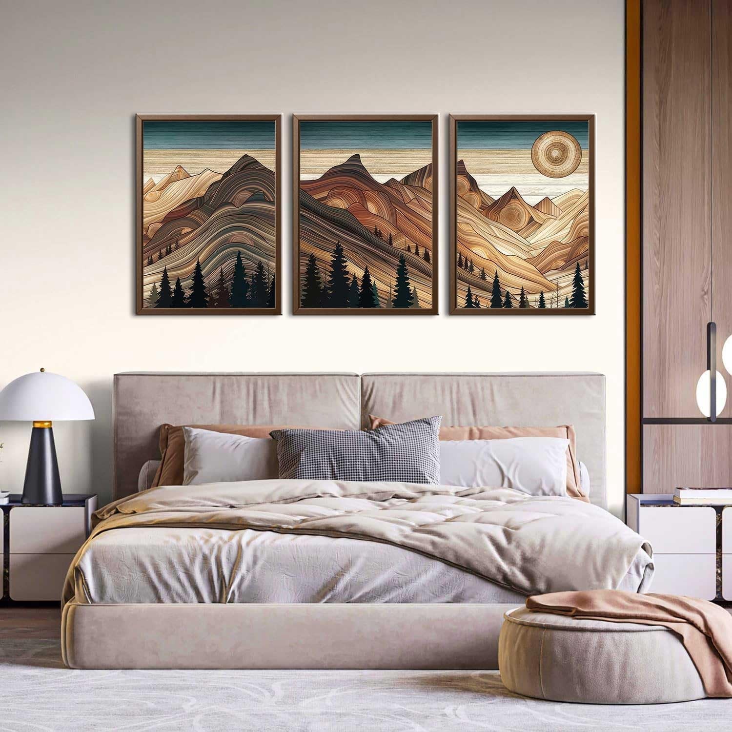 3Pcs Abstract Sun Mountain Wall Art Nature Woodcut Style Landscape Posters Print