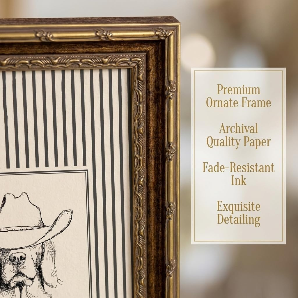 Vintage Gold Framed Western Cowboy Dog Canvas Wall Art 8X10 in | Western Stri…