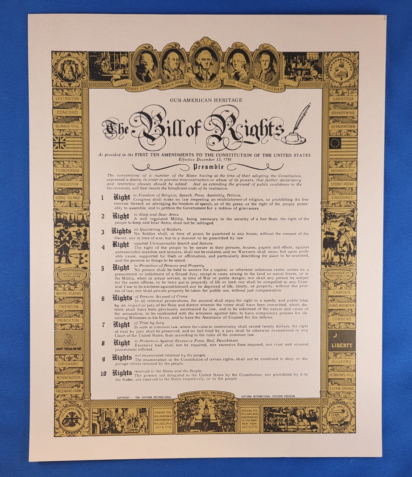Vintage Bill Of Rights Ten Amendments Constitution Preamble 1964