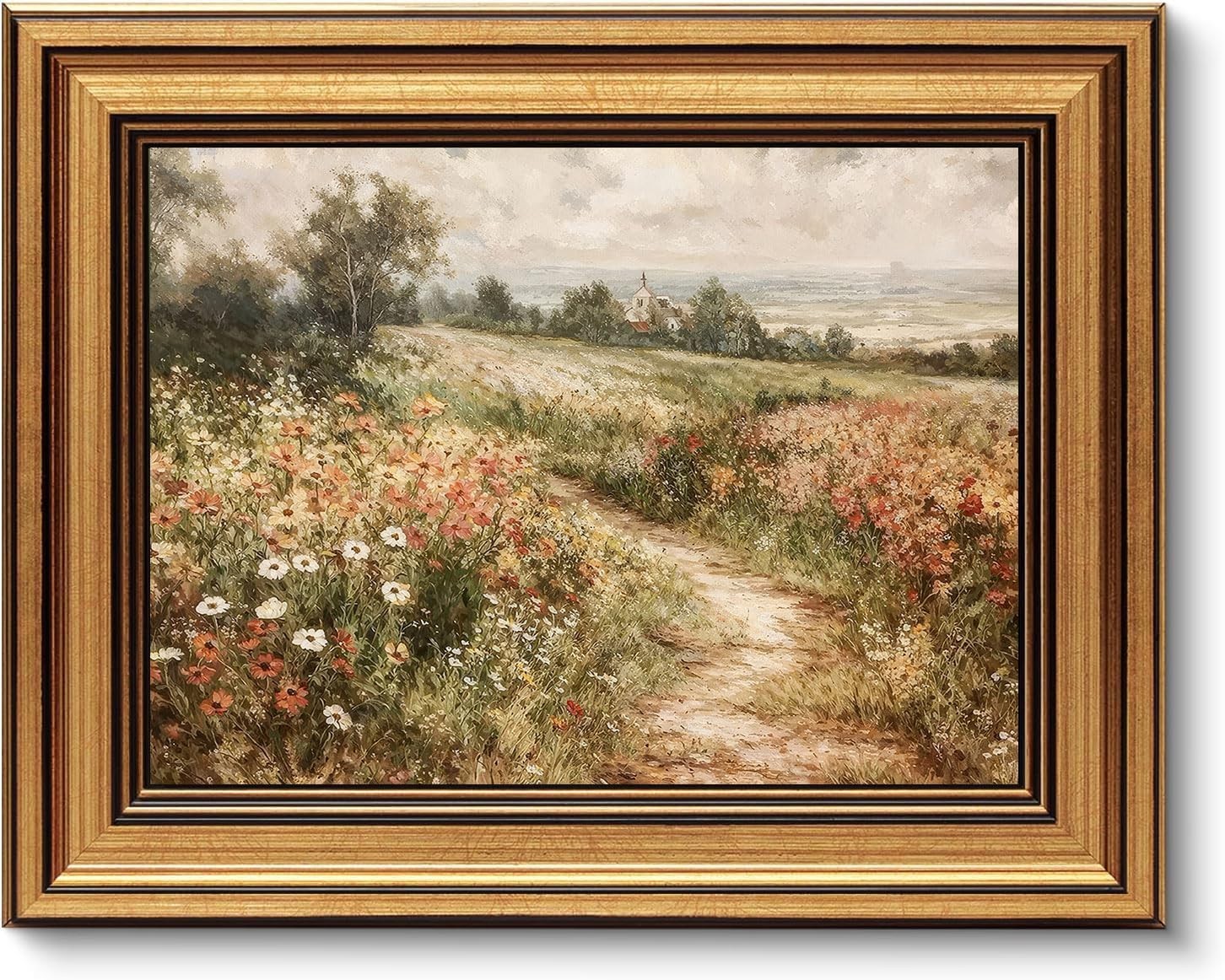 Vintage Gold Framed Wildflower Field Wall Art – Rustic Cottagecore Decor 9x11in