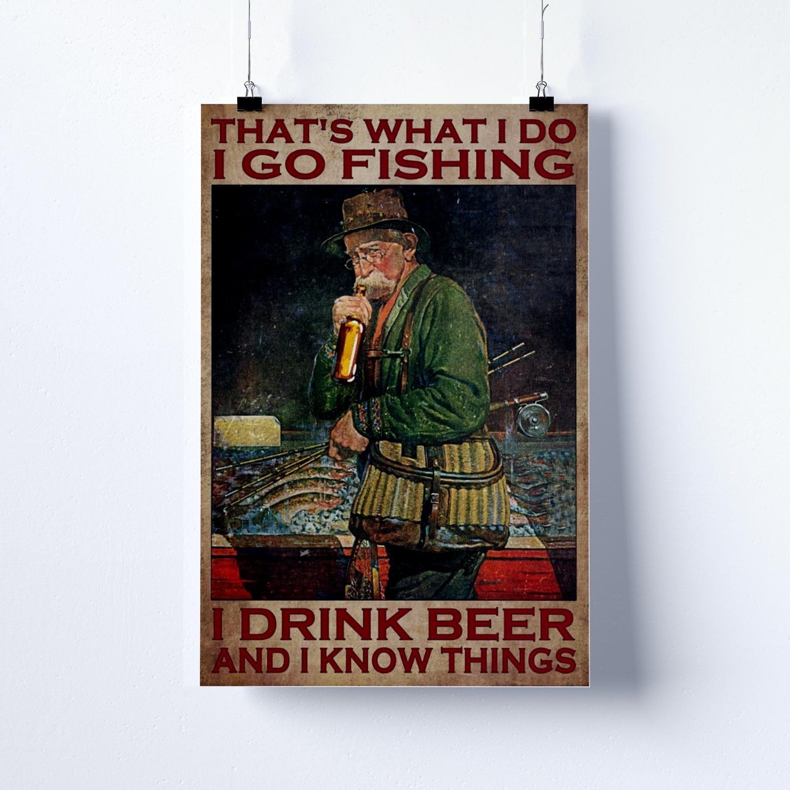 Funny Fishing Beer Poster For Dad, Retro Fisherman Wall Art Print, I Go Fishing