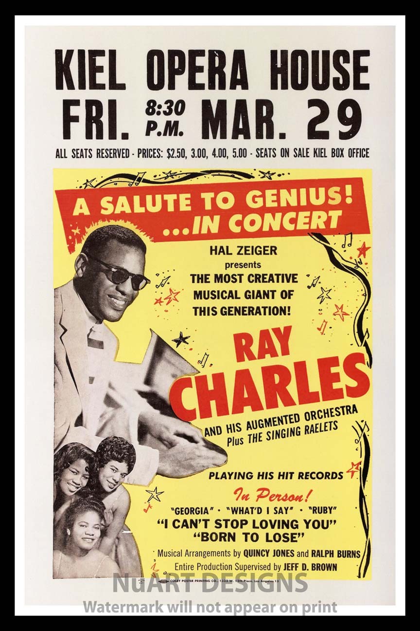 Framed Vintage Style Rock n Roll Poster «RAY CHALES AT THE KIEL OPERA HS»; 12×18