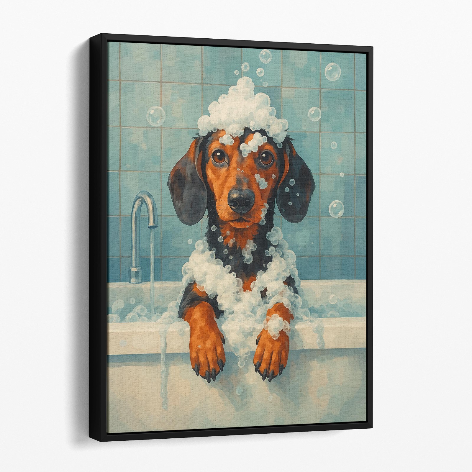 Dachshund Dog Bathtub Bubble Bath Funny Dog Bathroom Canvas Wall Art Print
