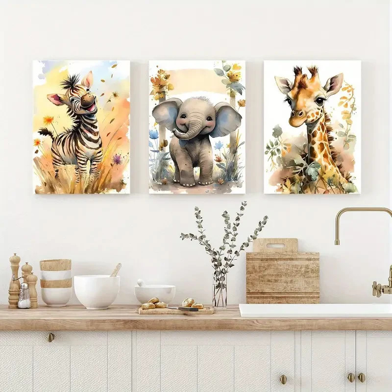 3pcs Watercolor Lions, Elephants, Giraffes Metal Print Ready to Hang Art