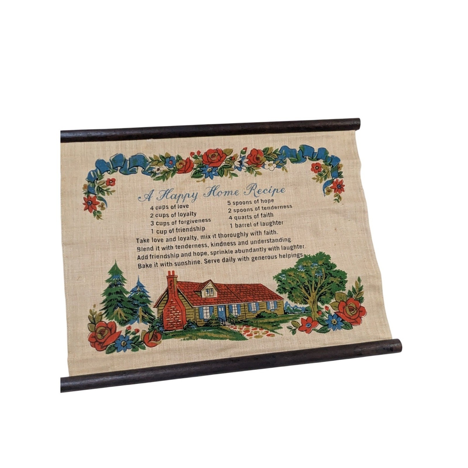 Vintage A Happy Home Recipe Linen Wall Hanging Wood Dowels Country Cottage Art