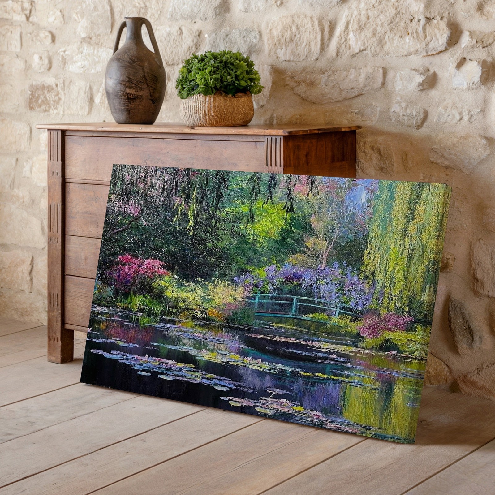 Serene garden pond with vibrant flowers and green bridge canvas wall art print