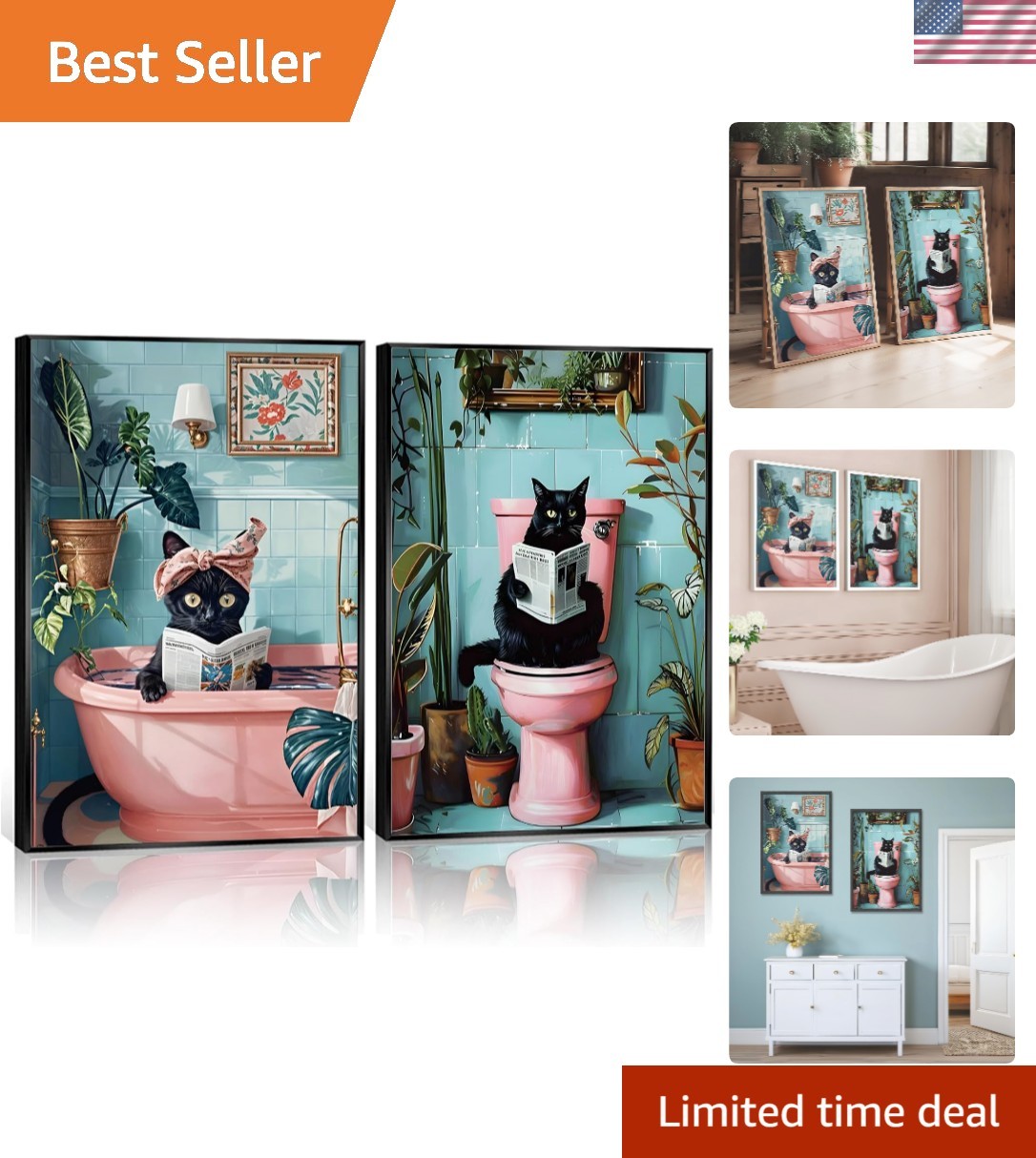 Cute Black Cat Canvas Art Prints – 2-Pc Set for Bathroom Decor 12×16 Inch